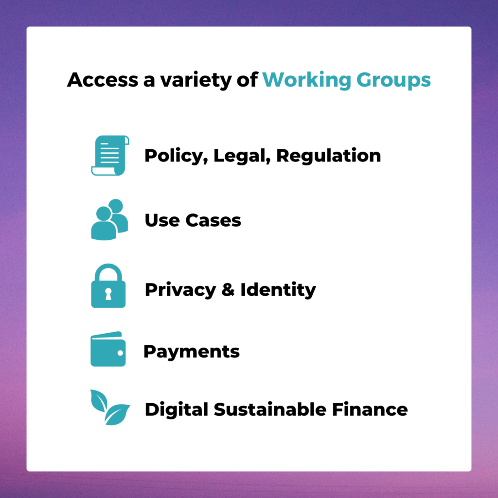 Imagine showcasing a variety of our working groups: Policy, Use Cases, Privacy and Identity, Payments, and Digital Sustainable Finance